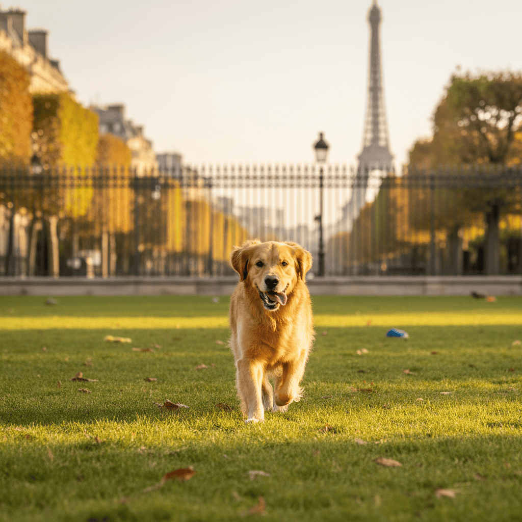 Chien jouant dans un parc canin à Paris dans un espace clôturé sans laisse