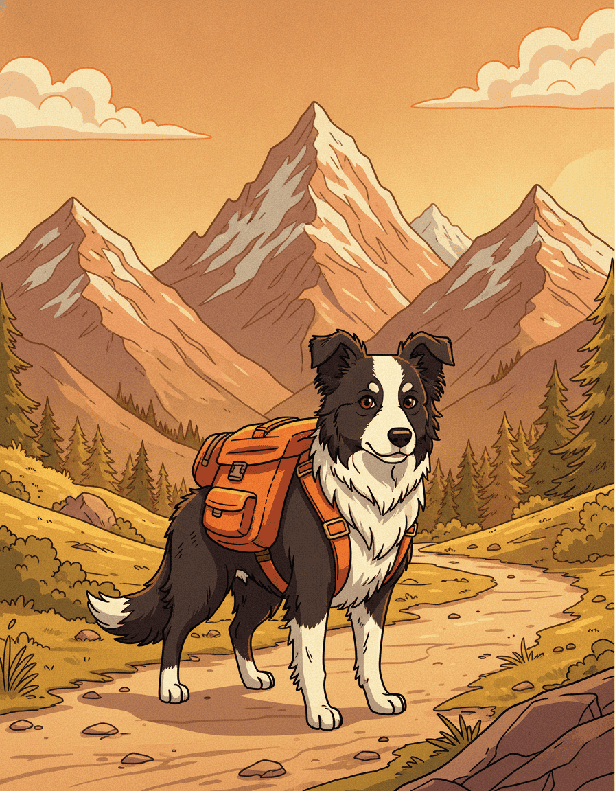 Border Collie avec sac à dos sur sentier de randonnée en montagne