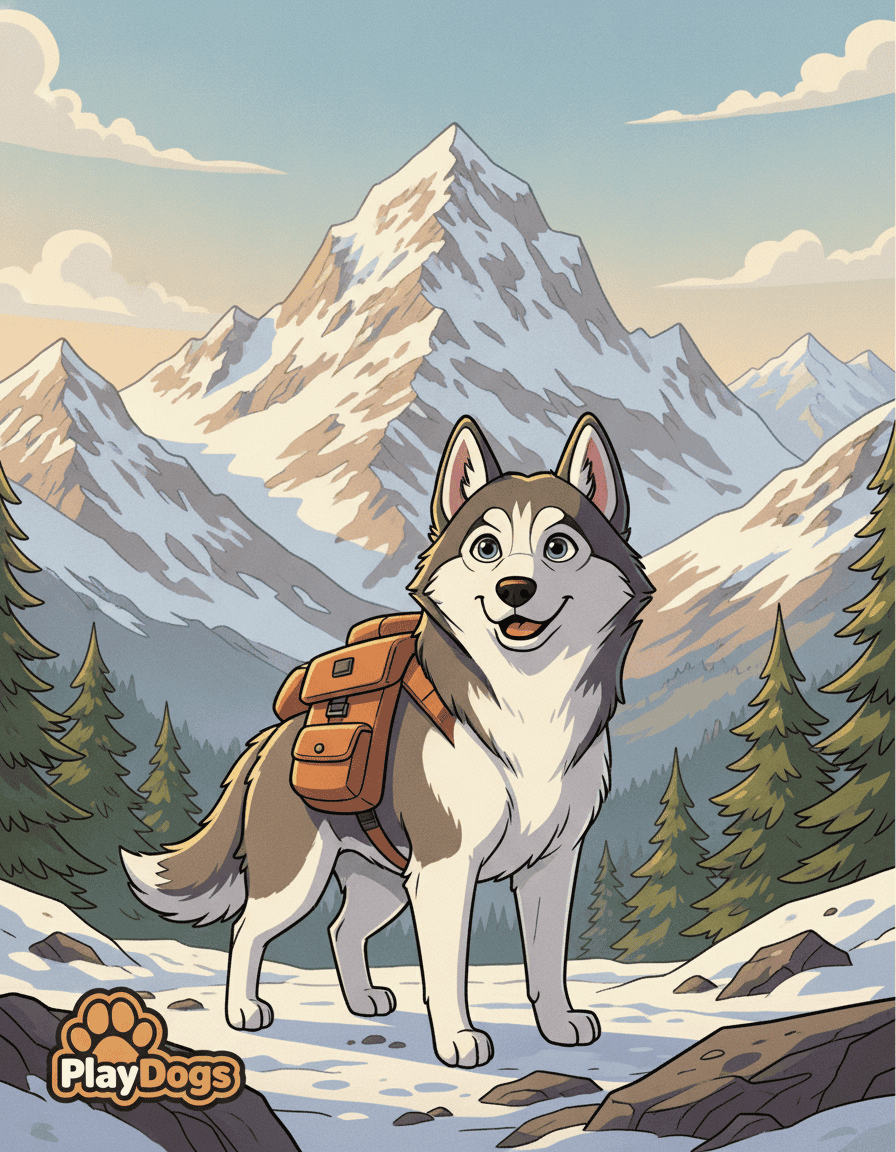 Husky avec sac à dos devant panorama des Pyrénées enneigées
