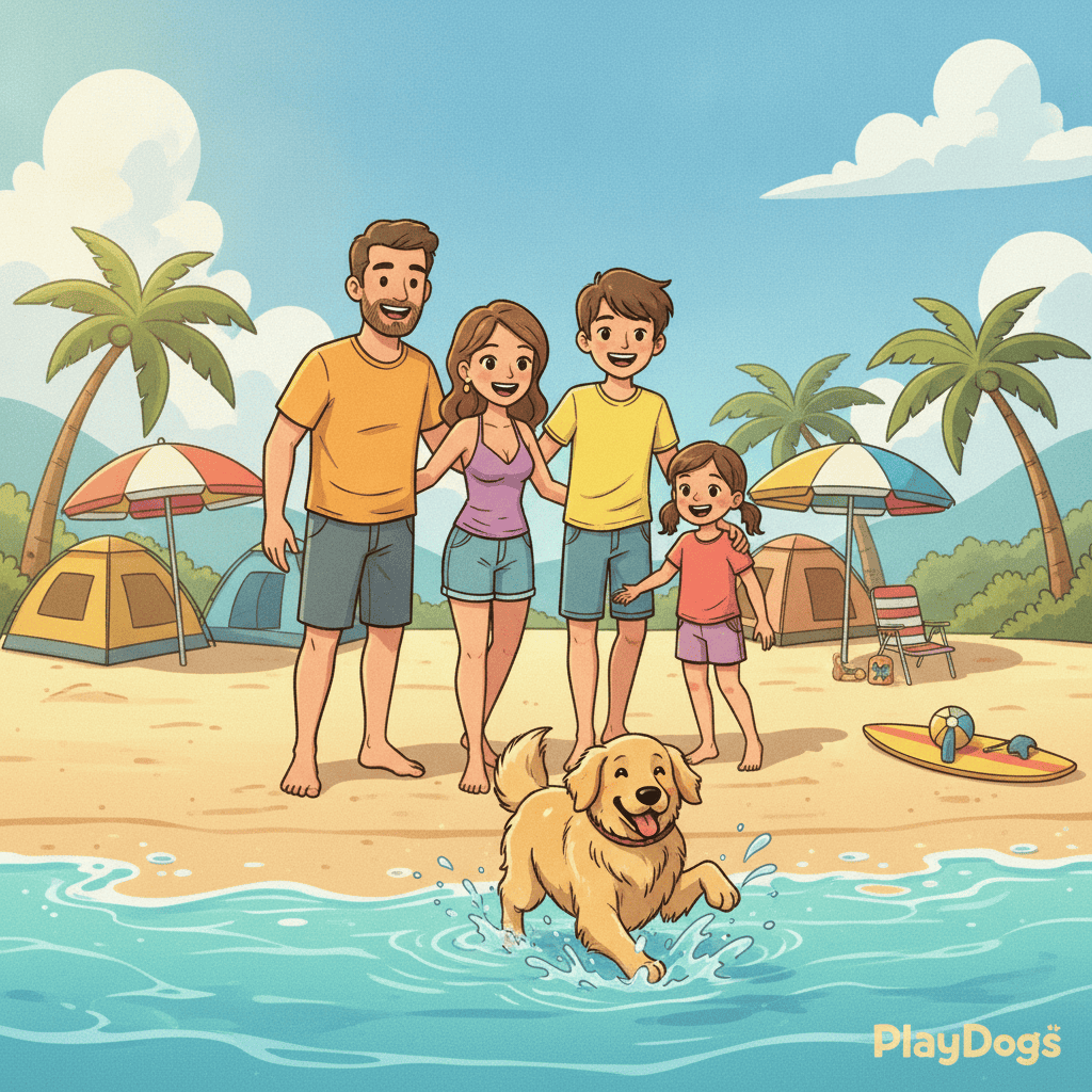 Famille heureuse en vacances avec leur Golden Retriever sur une plage ensoleillée, format paysage
