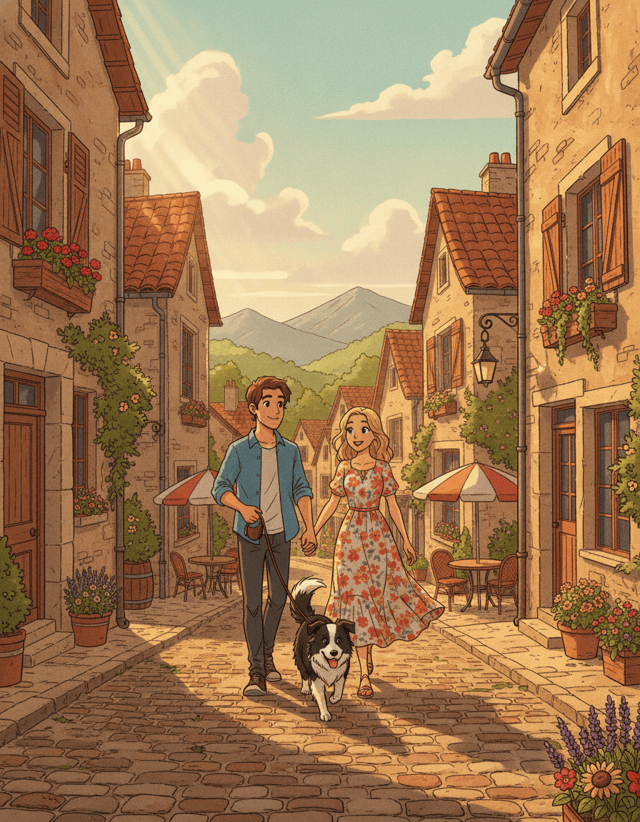 Couple avec leur Border Collie explorant un village français en week-end