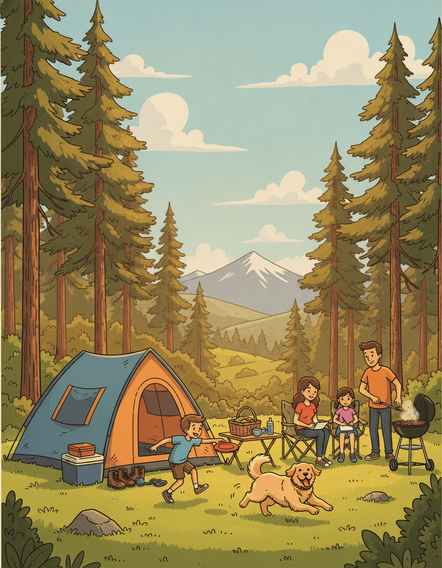 Famille en camping avec leur Golden Retriever en France