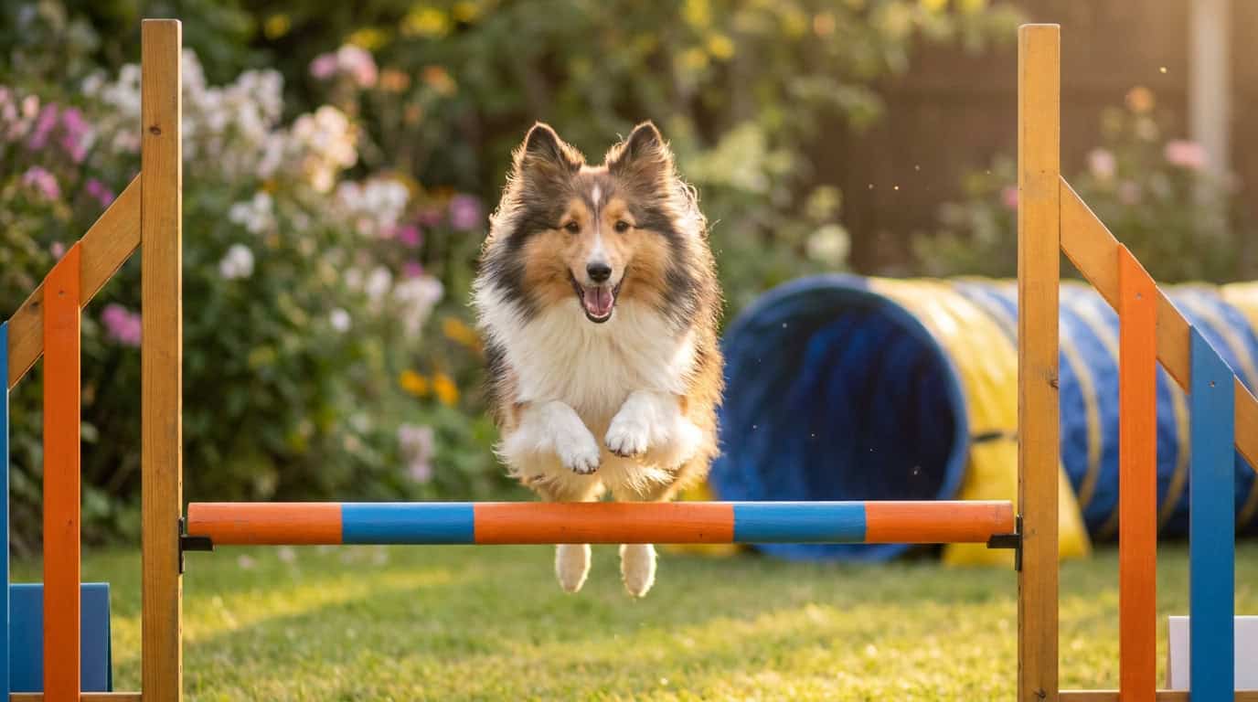 Chien Shetland sautant une haie d'agility dans un jardin avec tunnel