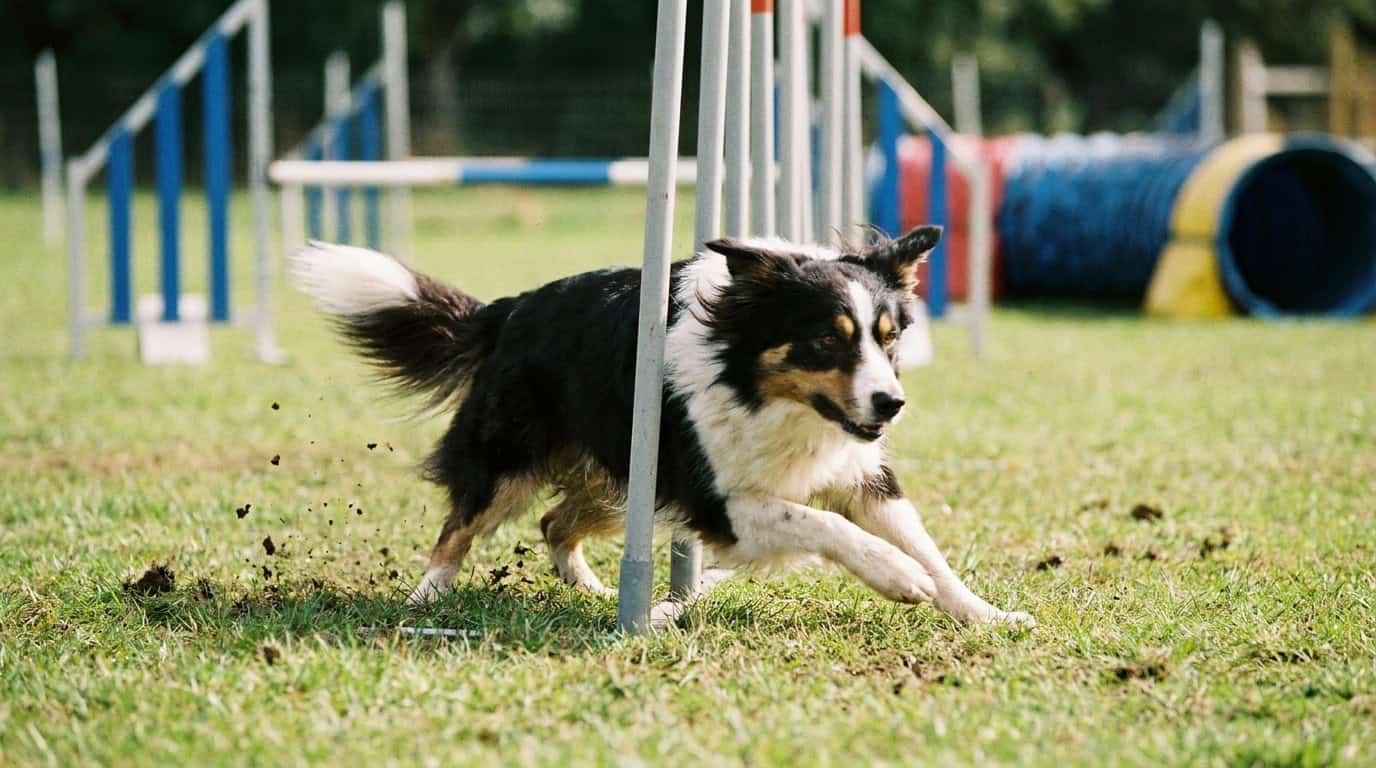 Border Collie slalomant entre les piquets d'agility dans un club canin