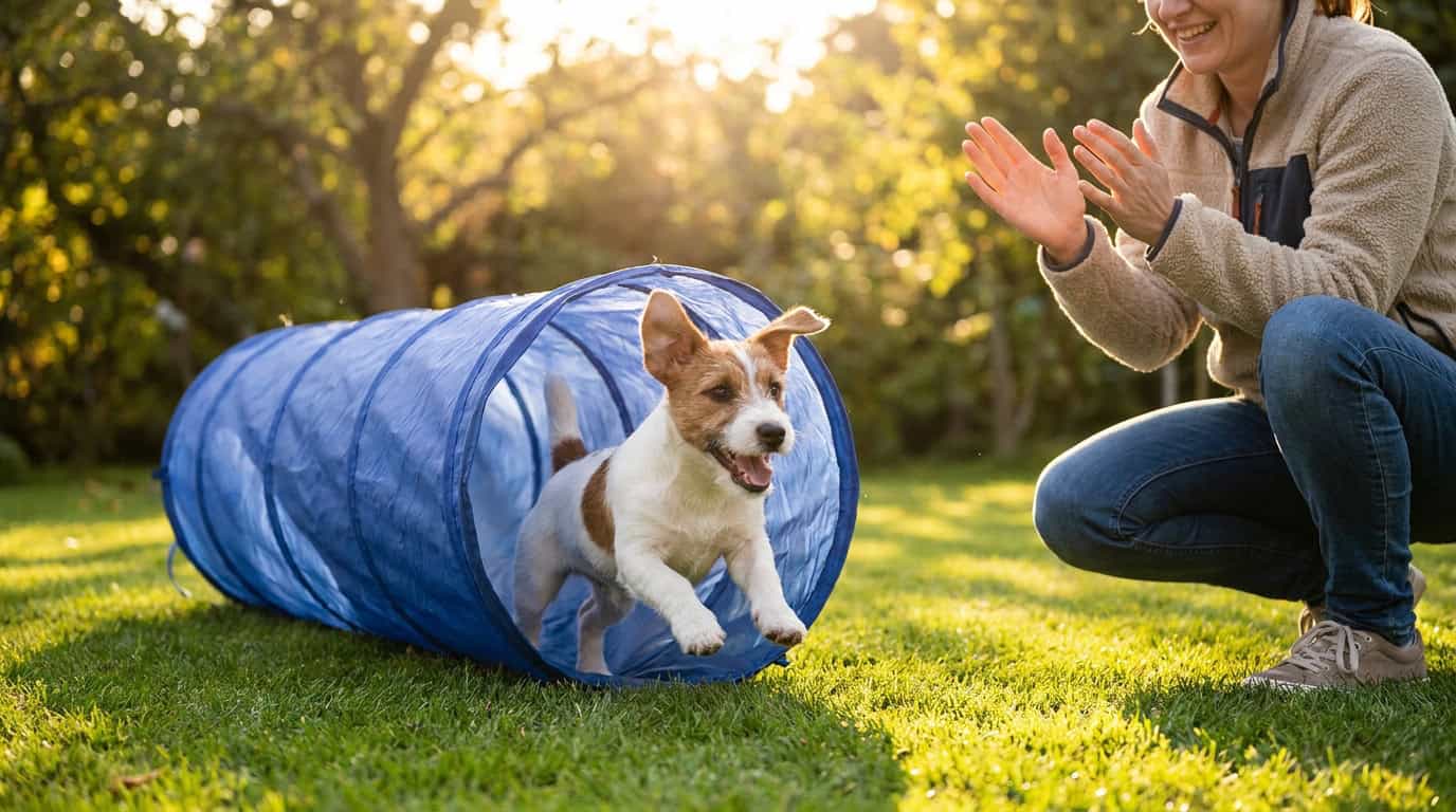 Jack Russell sortant d'un tunnel de jeu pour enfants : agility à la maison dans le jardin