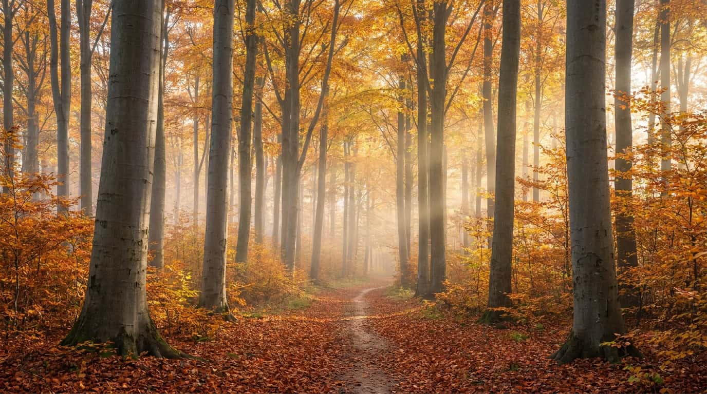 Hêtraie aux couleurs dorées d'automne avec sentier de randonnée et brume légère