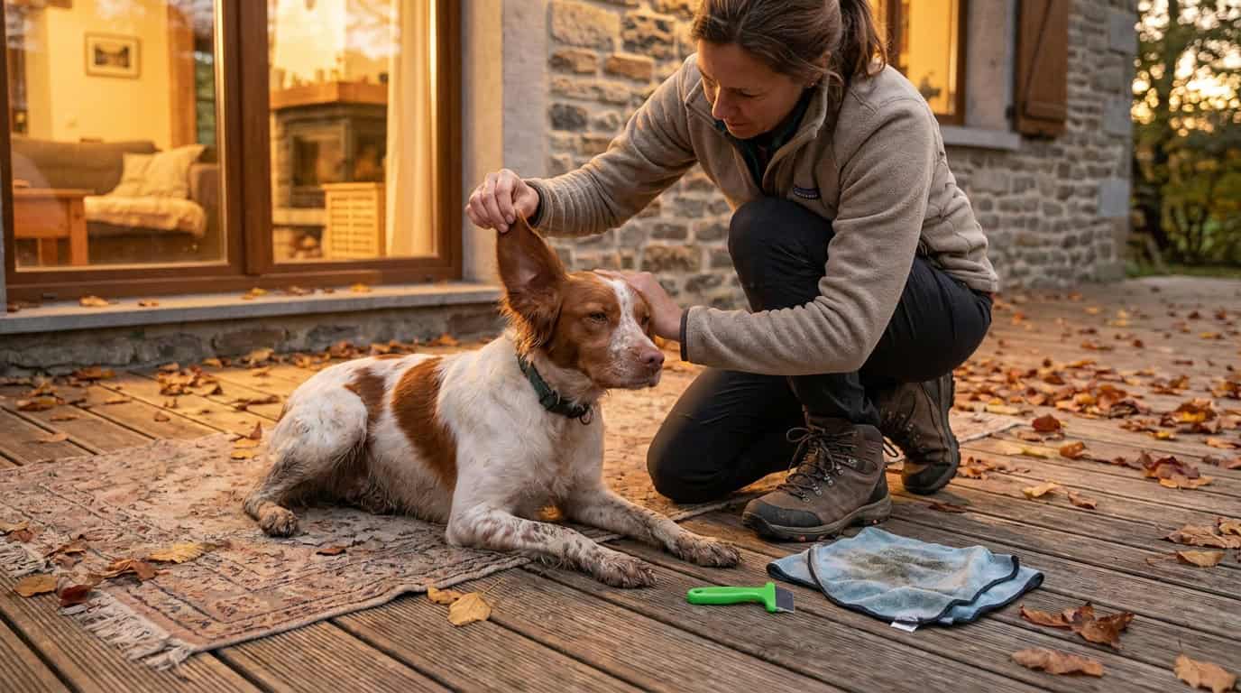 Inspection anti-tiques d'un épagneul breton au retour d'une randonnée d'automne, crochet tire-tique et serviette