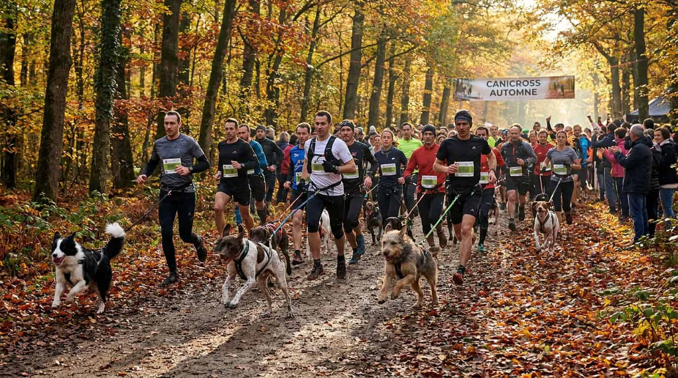 Départ d'une course de canicross avec plusieurs binômes maître-chien en harnais
