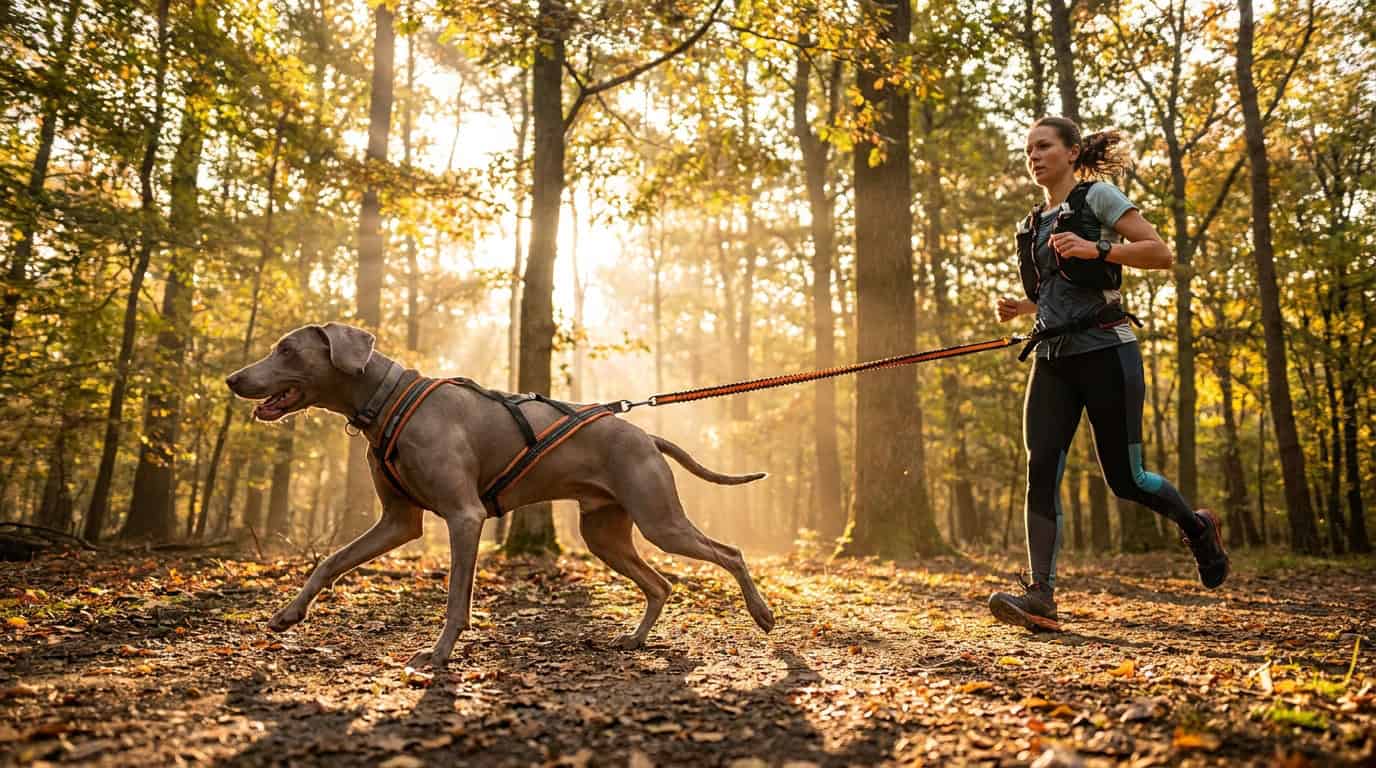 Canicross : braque de Weimar en harnais de traction relié à sa coureuse en forêt d'automne