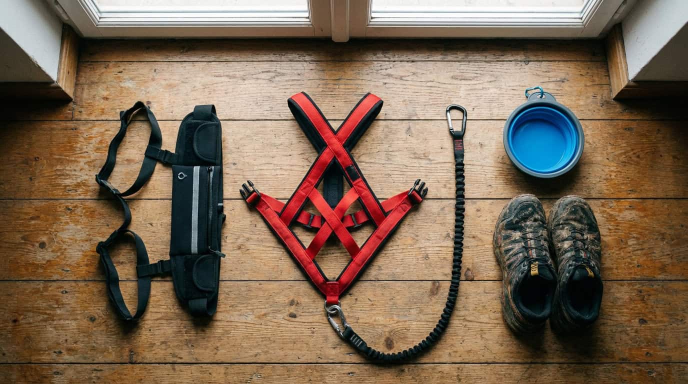 Équipement canicross : harnais de traction, ligne amortie et ceinture de course