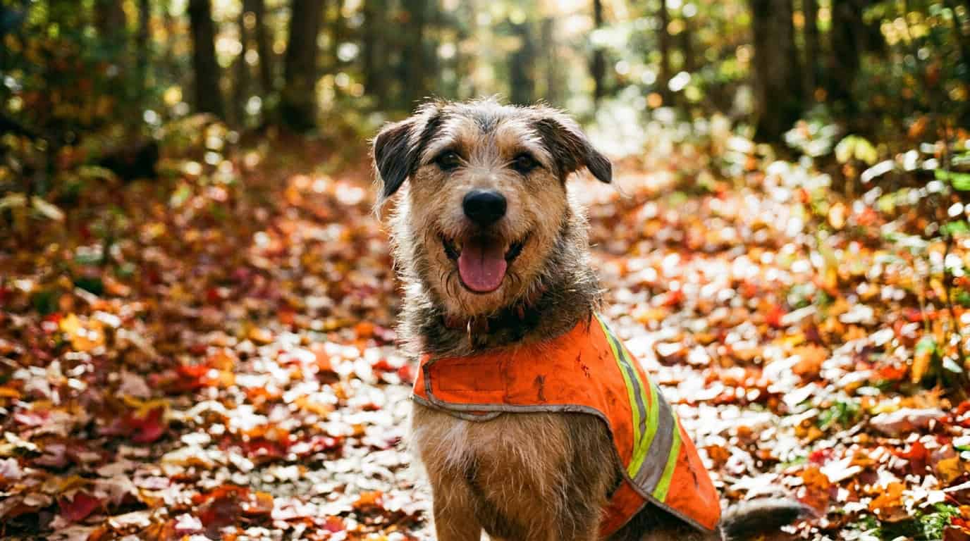 Chien portant un gilet fluo orange haute visibilité sur un sentier forestier pendant la saison de chasse