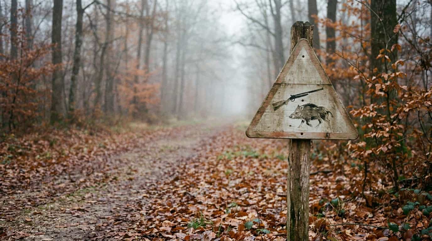 Panneau de signalisation de chasse en cours à l'entrée d'un chemin forestier en automne