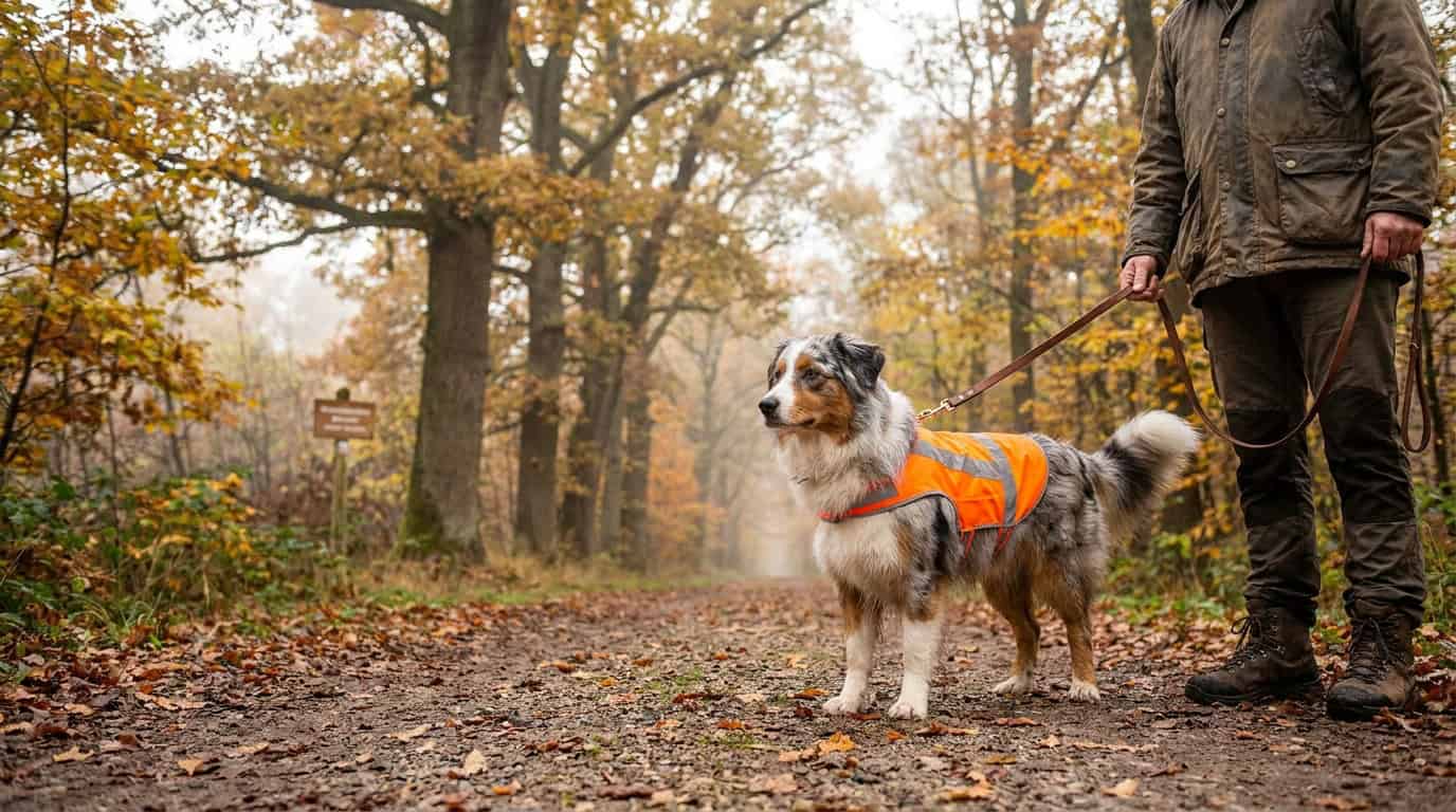 Berger australien avec gilet fluo orange en balade en forêt pendant la saison de chasse