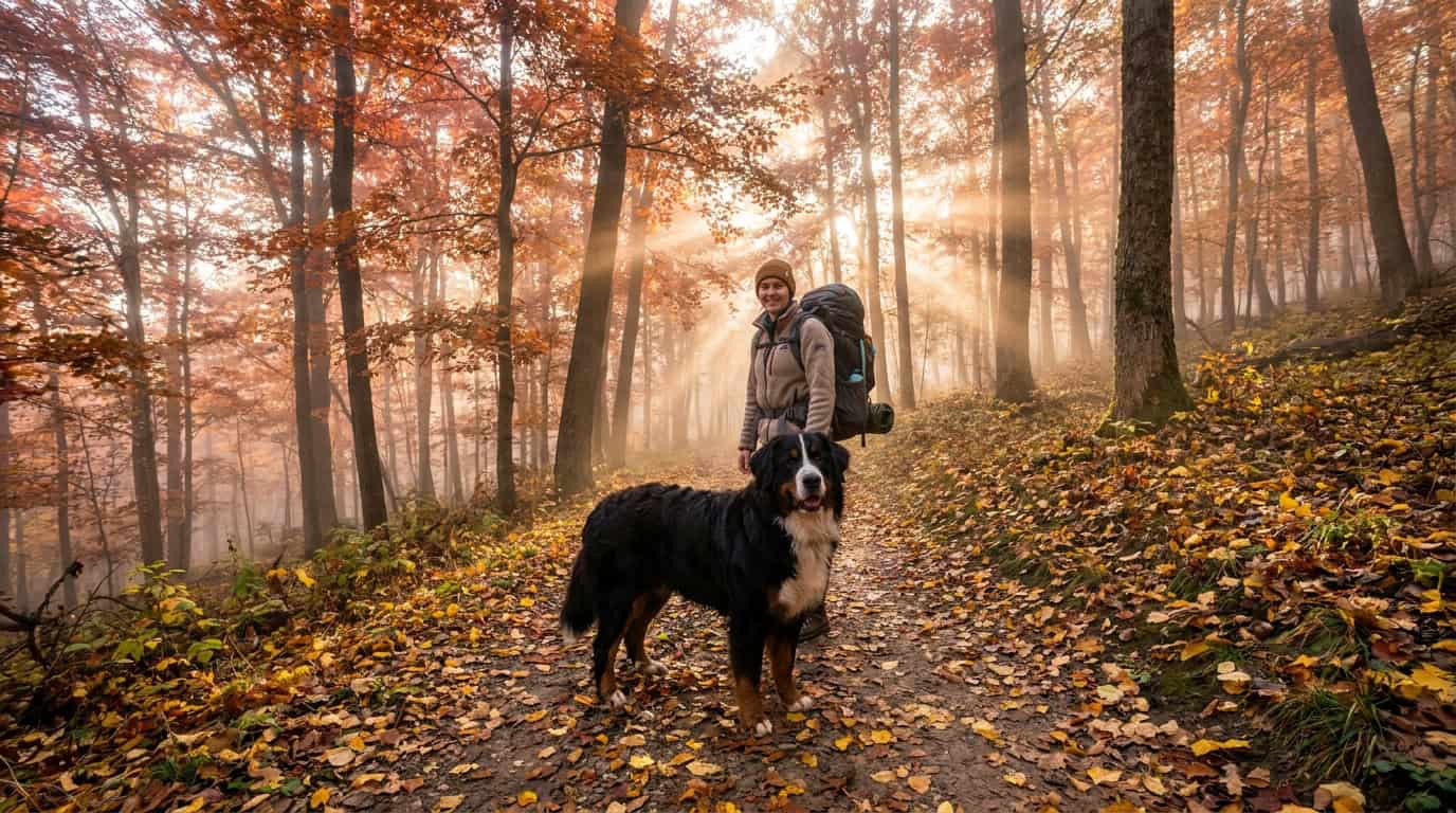 Bouvier bernois et son maître randonnant sur un sentier de forêt aux couleurs d'automne