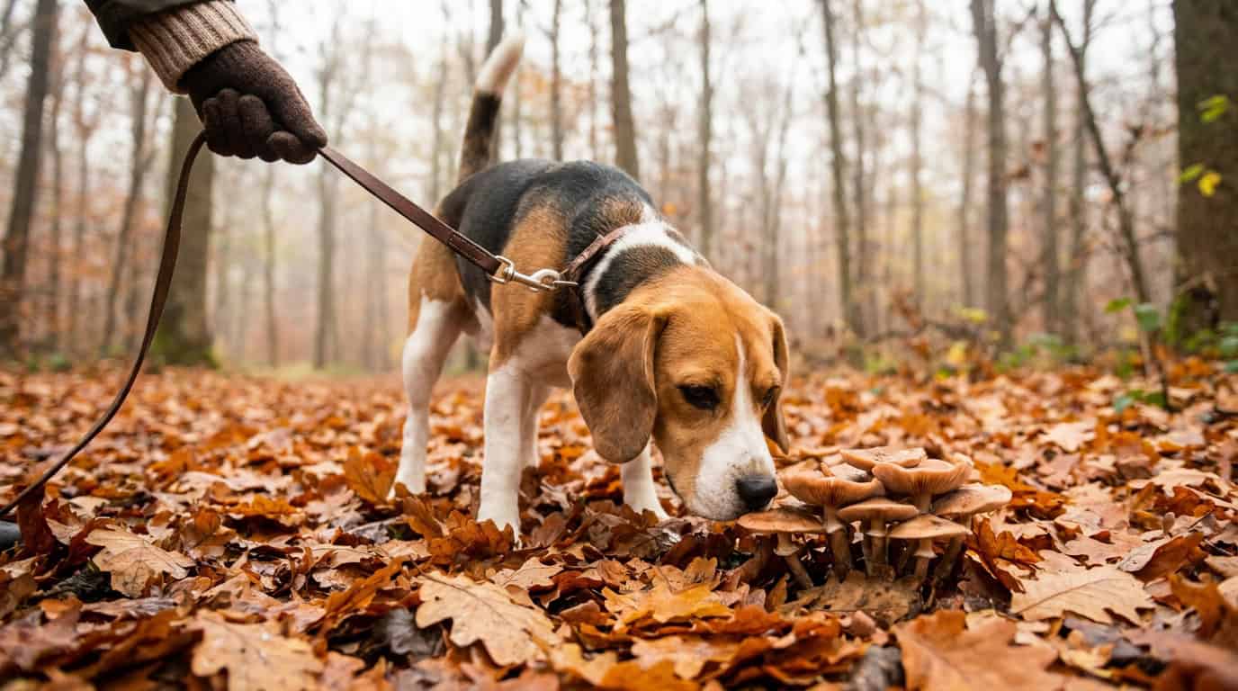 Beagle en laisse reniflant des champignons dans les feuilles mortes en forêt d'automne