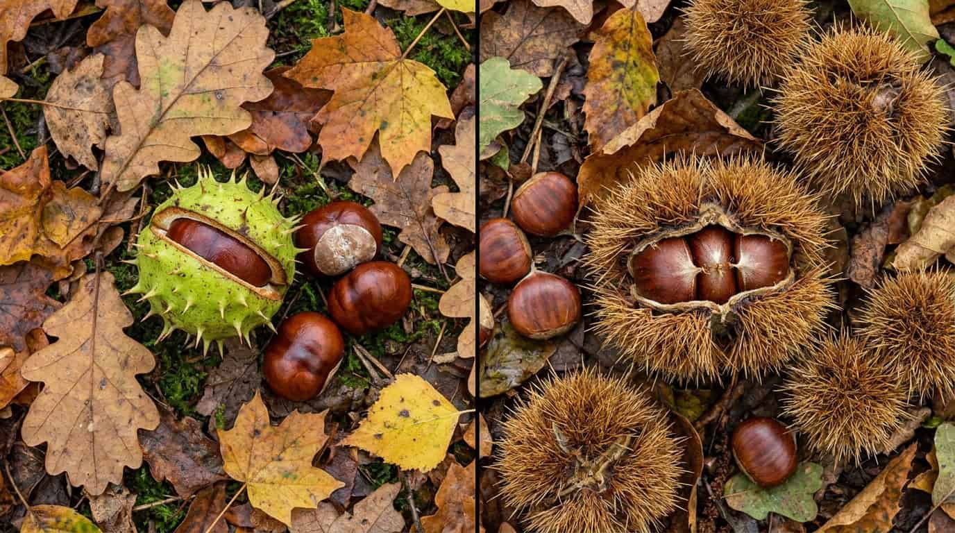 Différence entre marron d'Inde (bogue verte à pics espacés, toxique) et châtaigne (bogue brune très piquante, comestible)