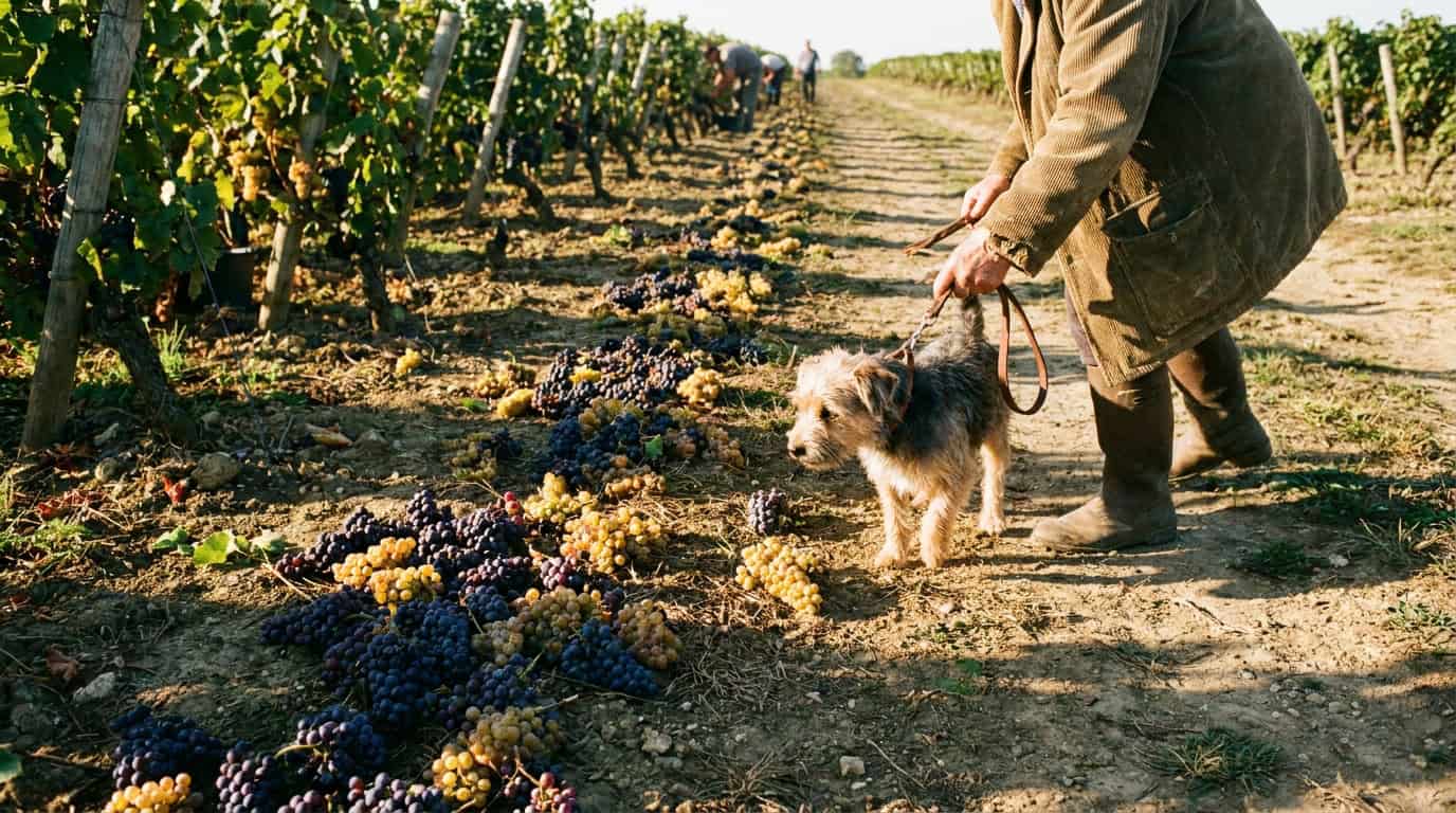 Chien tenu en laisse près de grappes de raisin tombées au sol dans une vigne pendant les vendanges