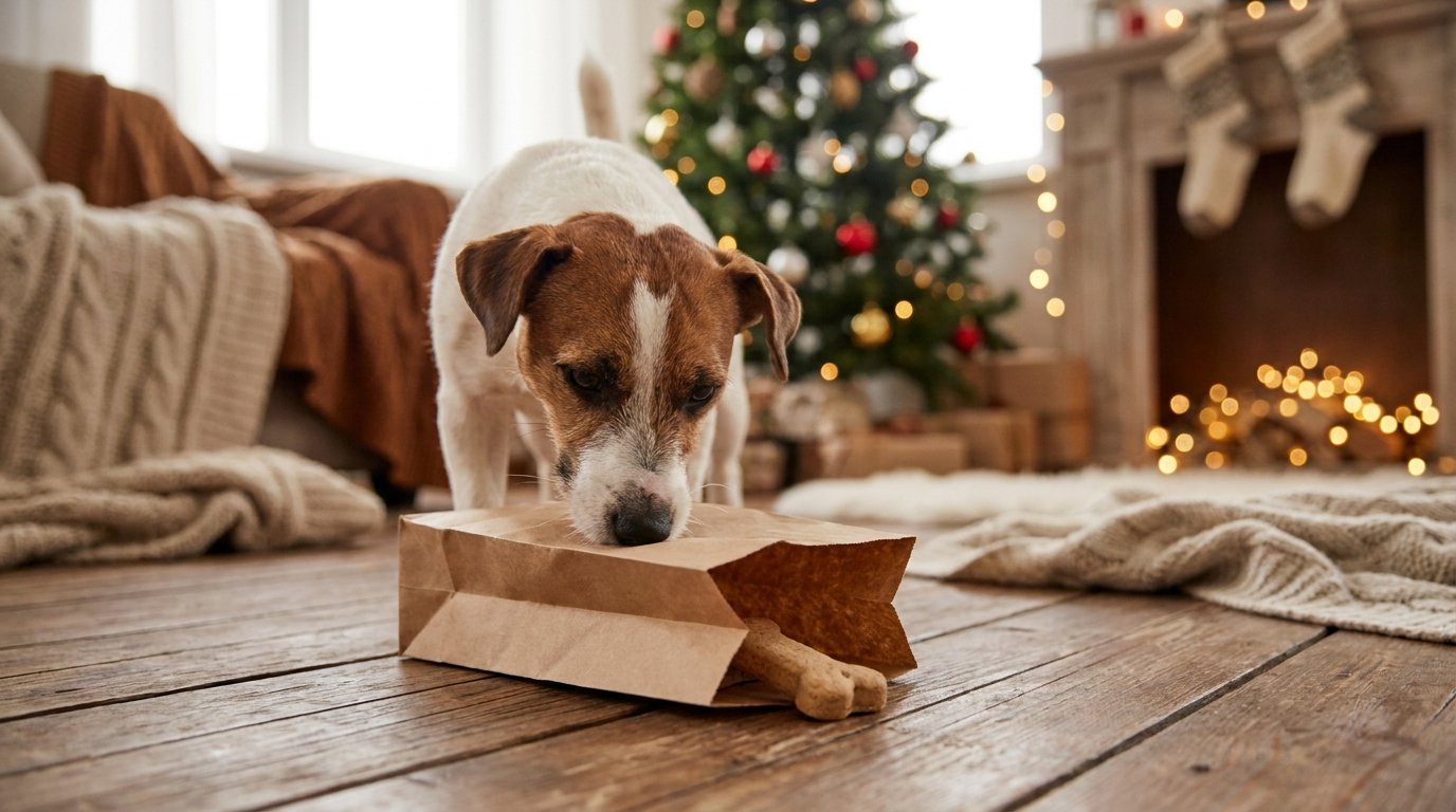 calendrier de l'avent chien DIY : un chien renifle un sachet kraft garni d'un biscuit