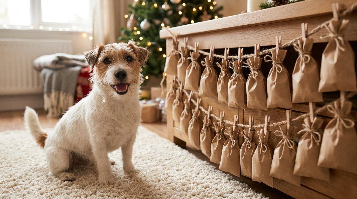 Jack Russell assis à côté d'un calendrier de l'Avent DIY en sachets kraft