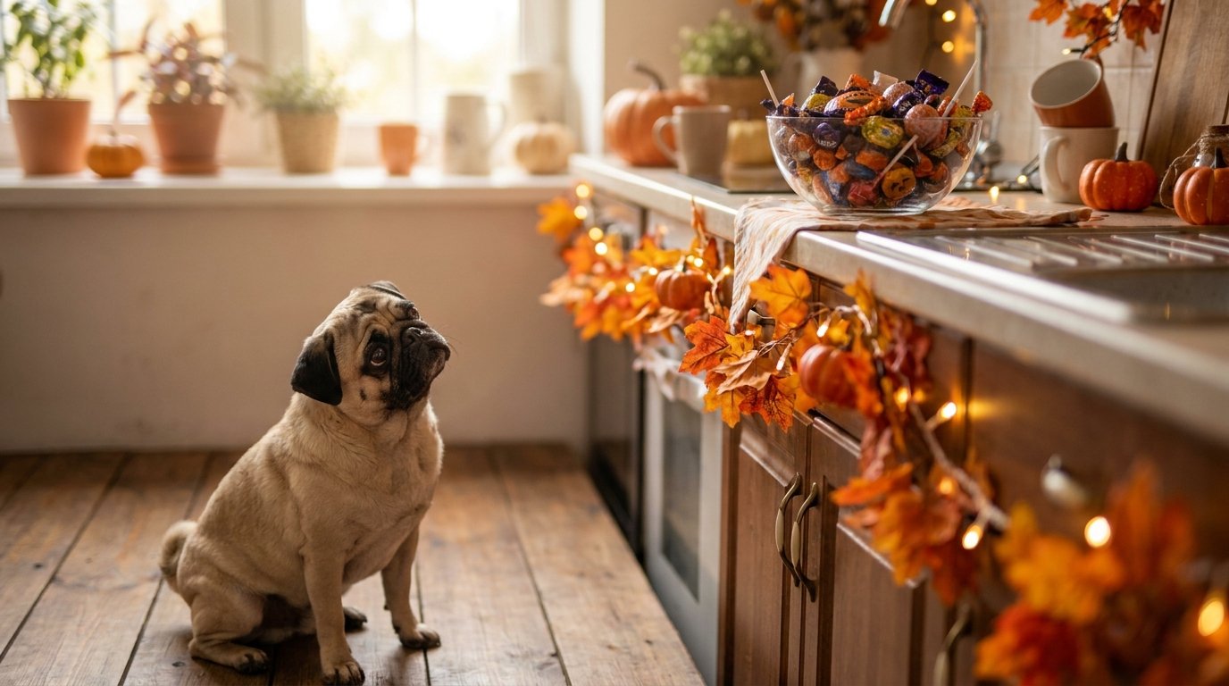 chien Halloween et bonbons toxiques hors de portée
