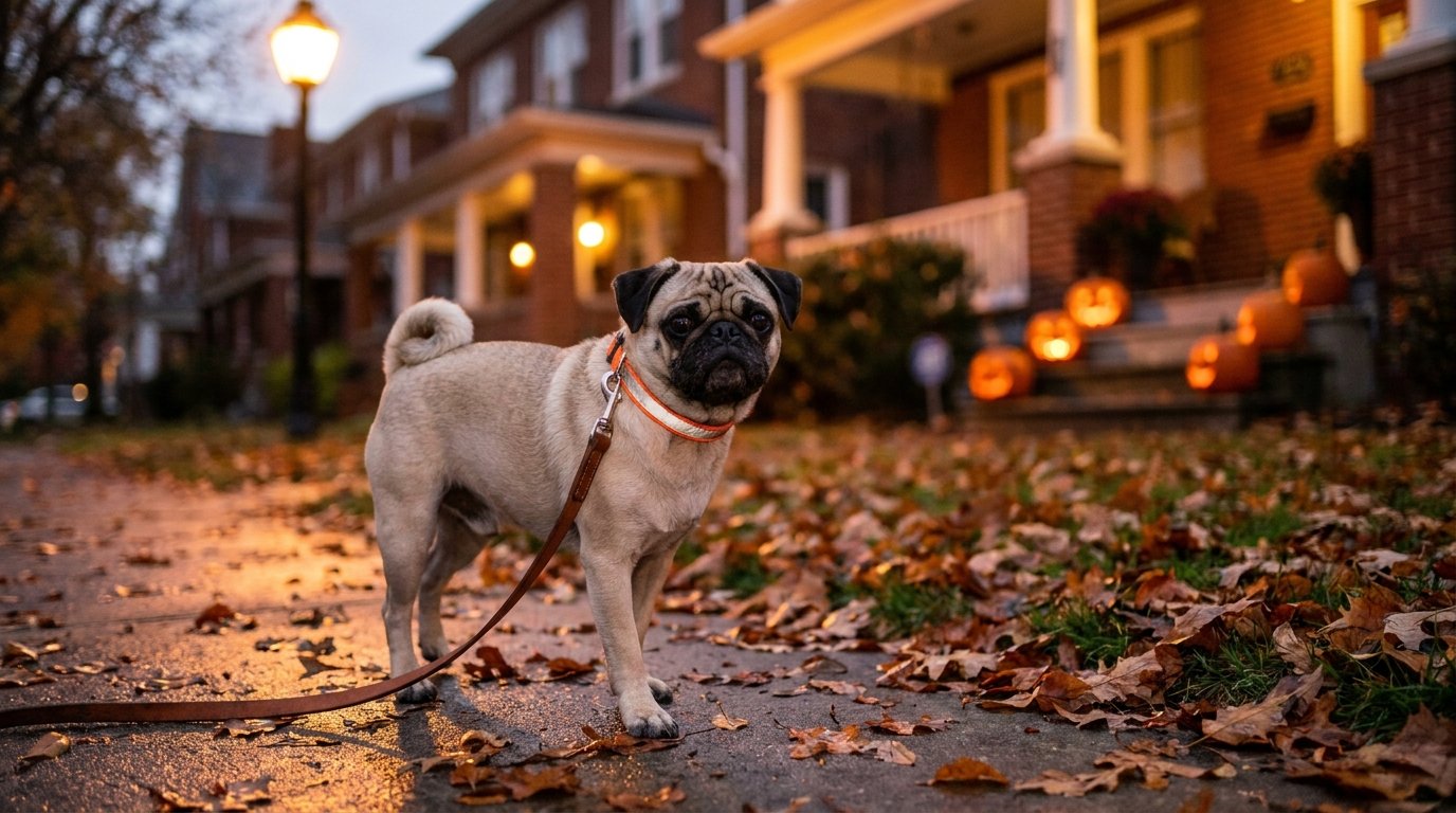 balade du soir d'Halloween avec son chien, collier réfléchissant