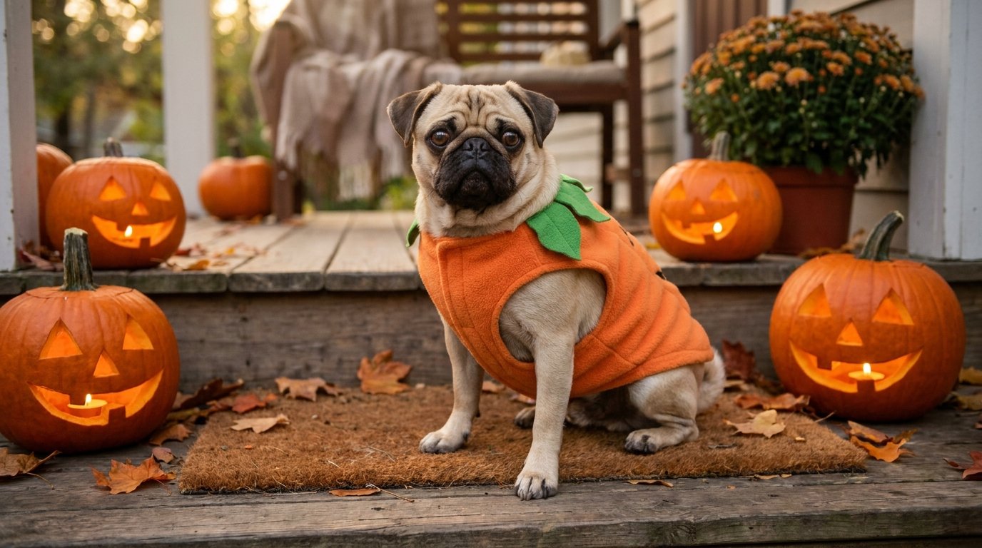 Carlin portant un gilet citrouille assis devant des citrouilles d'Halloween